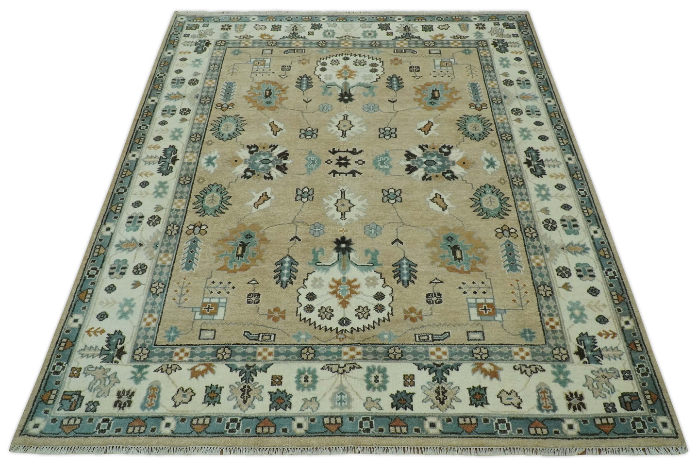 Hand knotted Peach, Ivory and Gray 8x10 Oriental Oushak wool area rug