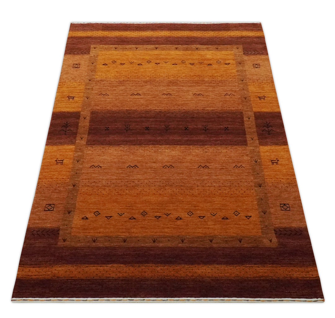 Geometrical Stripes Design 4.6x7 Rust and Brown Hand loom  wool Area Rug