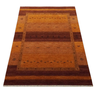 Geometrical Stripes Design 4.6x7 Rust and Brown Hand loom  wool Area Rug