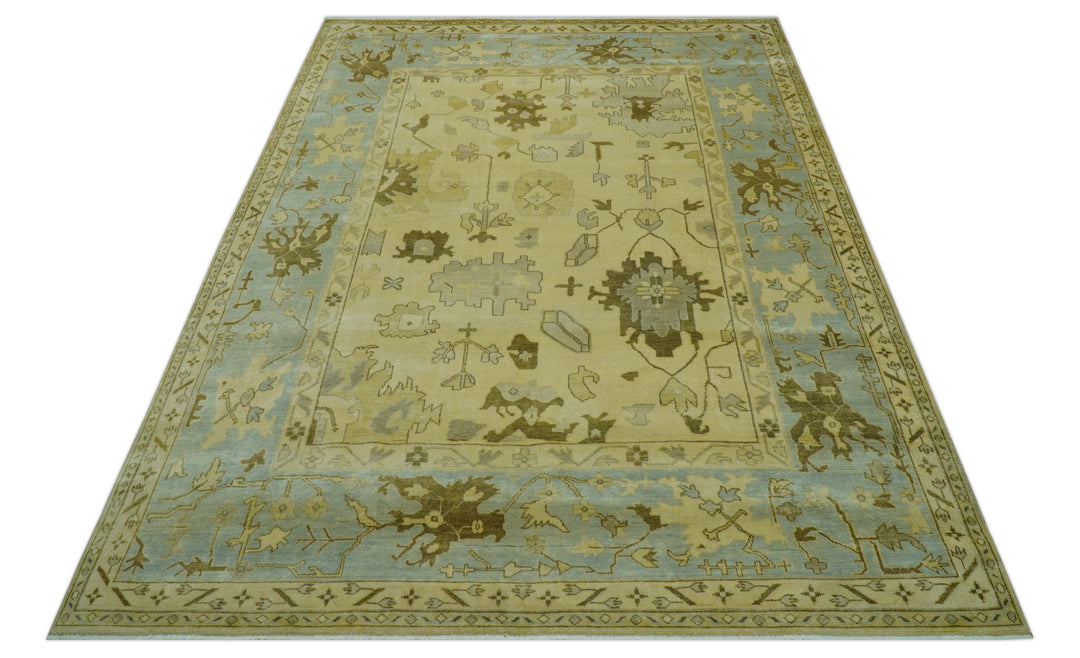 Traditional Oushak Design Blue And Beige Hand Knotted 9x13 Wool Area Rug