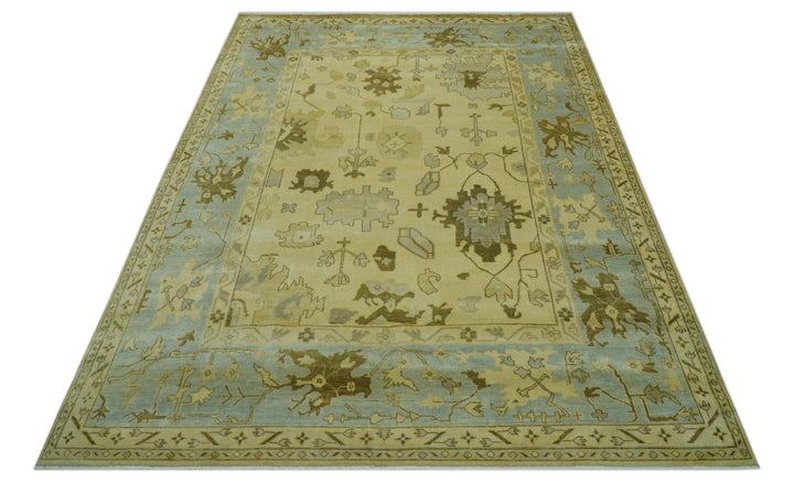Traditional Oushak Design Blue And Beige Hand Knotted 9x13 Wool Area Rug