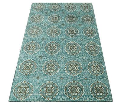 5x8 Traditional Damask Floral Design Blue, Ivory and Olive wool area rug