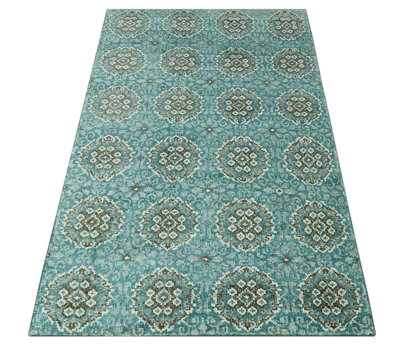 5x8 Traditional Damask Floral Design Blue, Ivory and Olive wool area rug