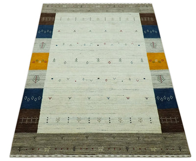 Ivory, Olive, Blue and Charcoal Handloom Tribal Gabbeh Multi Size wool Area Rug