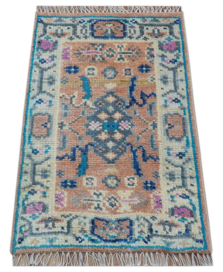 2x3 Traditional Peach And Ivory Hand Knotted Wool Rug