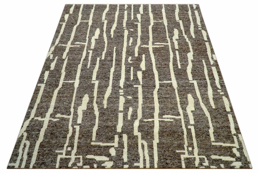 Custom Made Brown And Ivory Contemporary Hand Knotted Wool Area Rug