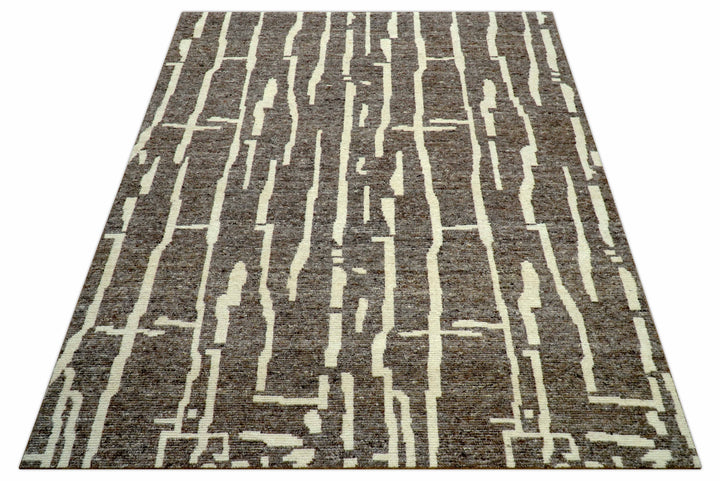 Custom Made Brown And Ivory Contemporary Hand Knotted Wool Area Rug