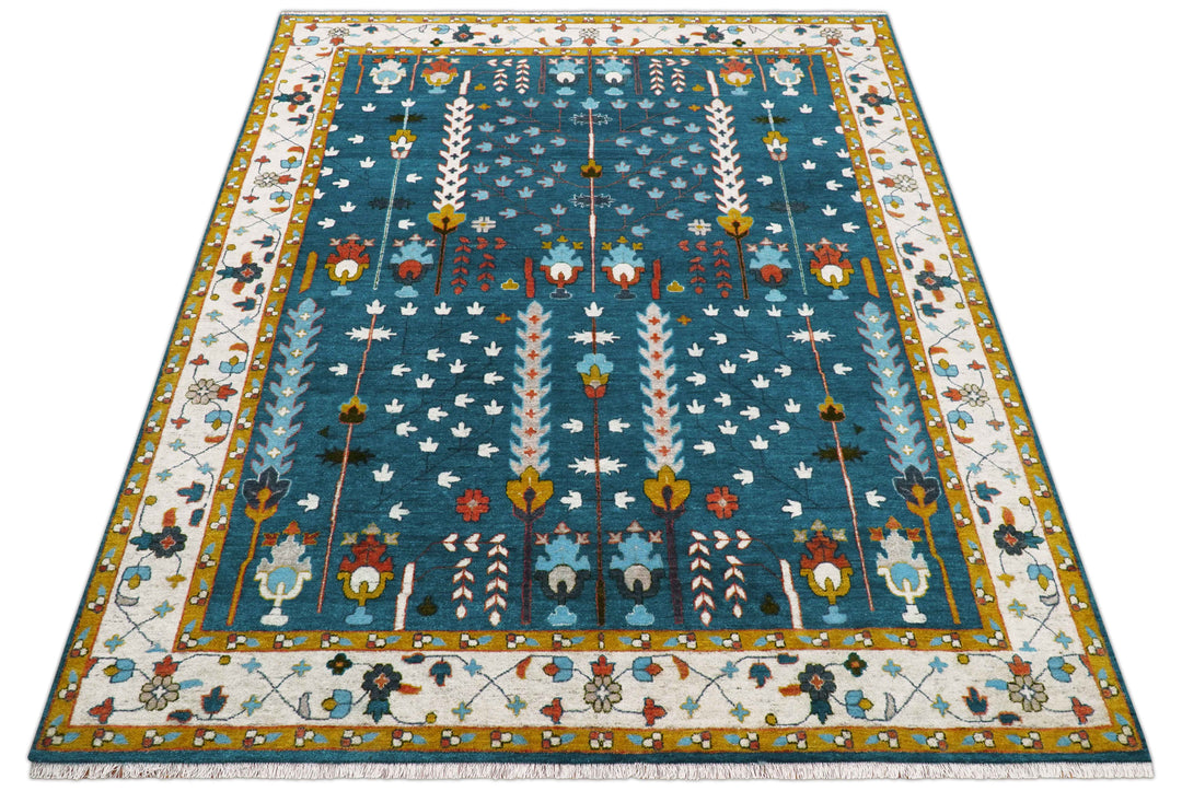 Fine Teal And Ivory Traditional Tree of life Hand Knotted Wool Rug