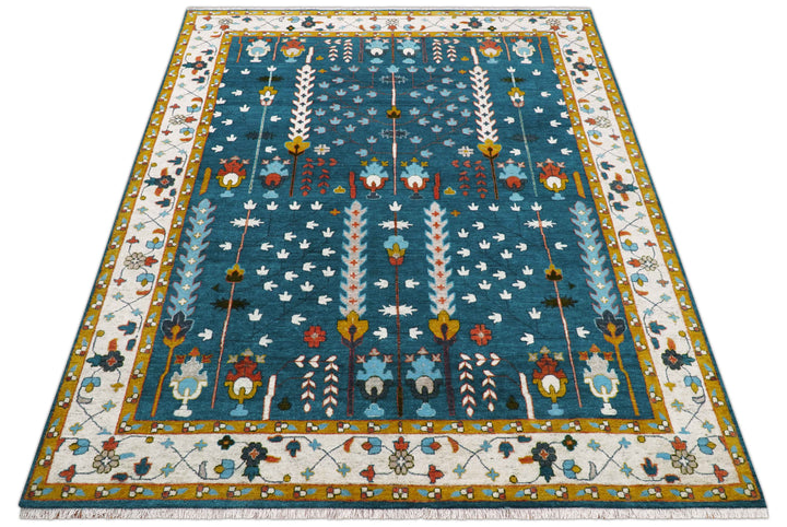 Fine Teal And Ivory Traditional Tree of life Hand Knotted Wool Rug