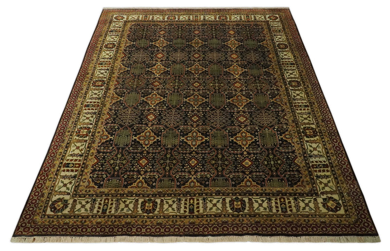 Fine 8x10 Vintage Style Antique Design Black, Beige and Brown Hand knotted wool Area Rug