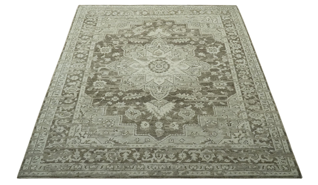 Traditional Turkish Design Beige And Brown Hand Knotted Custom Made wool rug