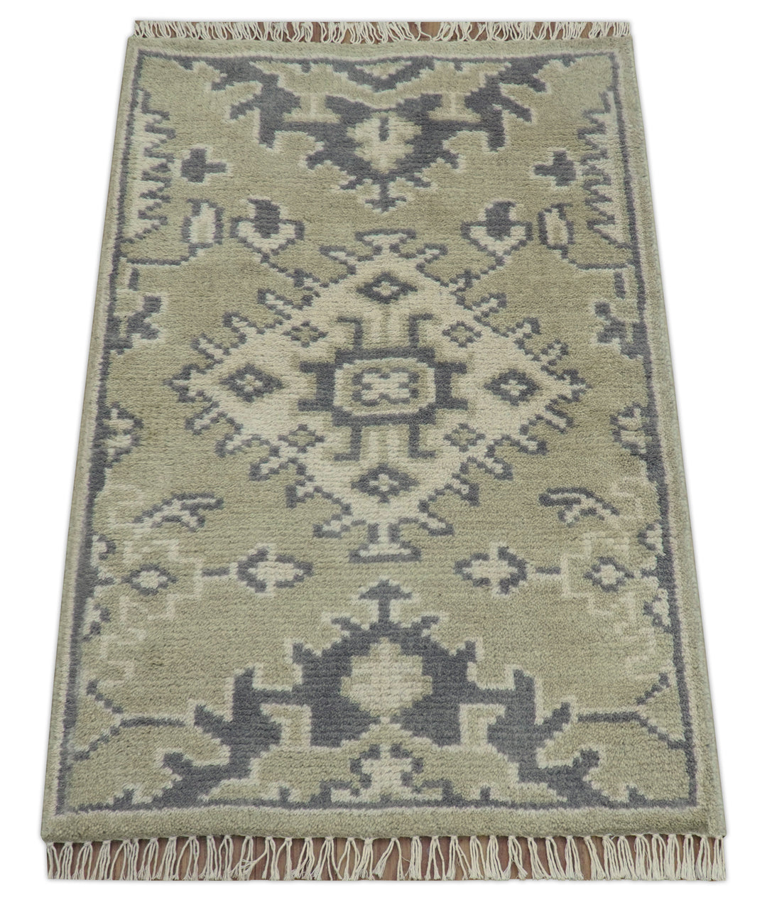 Small 2x3 Traditional Beige And Gray Hand Knotted Wool Rug