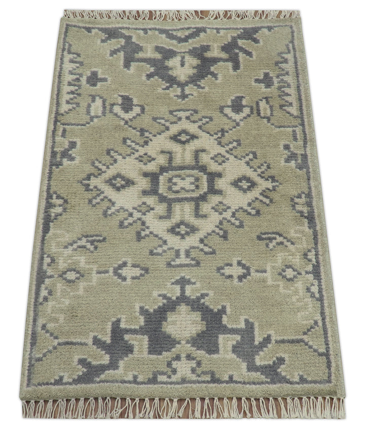 Small 2x3 Traditional Beige And Gray Hand Knotted Wool Rug