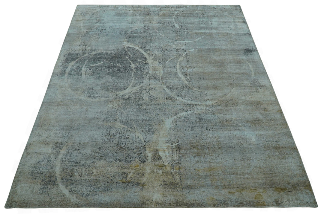 Blue And Beige Modern Abstract Design Hand Knotted 8x10 Bamboo Silk Area Rug