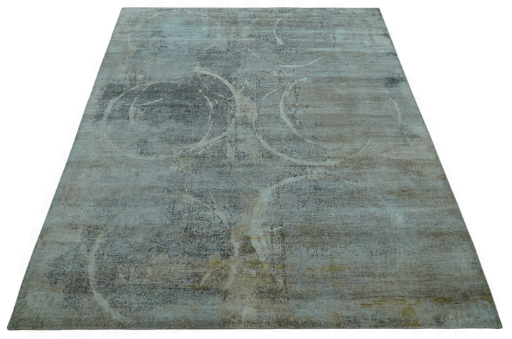 Blue And Beige Modern Abstract Design Hand Knotted 8x10 Bamboo Silk Area Rug