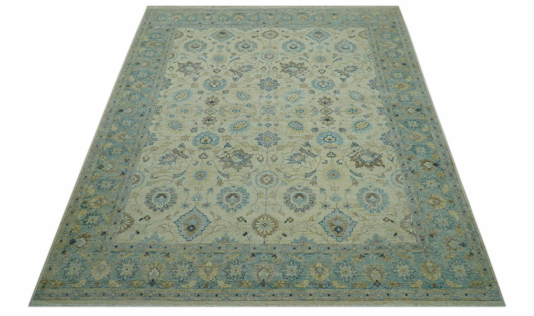 Distressed traditional Design Blue And Beige Hand Knotted 8x10 Wool Area Rug