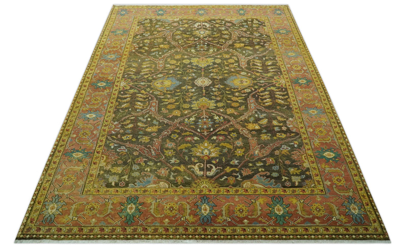 Antique Style Fine Hand Knotted 8.4x11.8 Olive, Rust an Mustard Traditional wool area rug