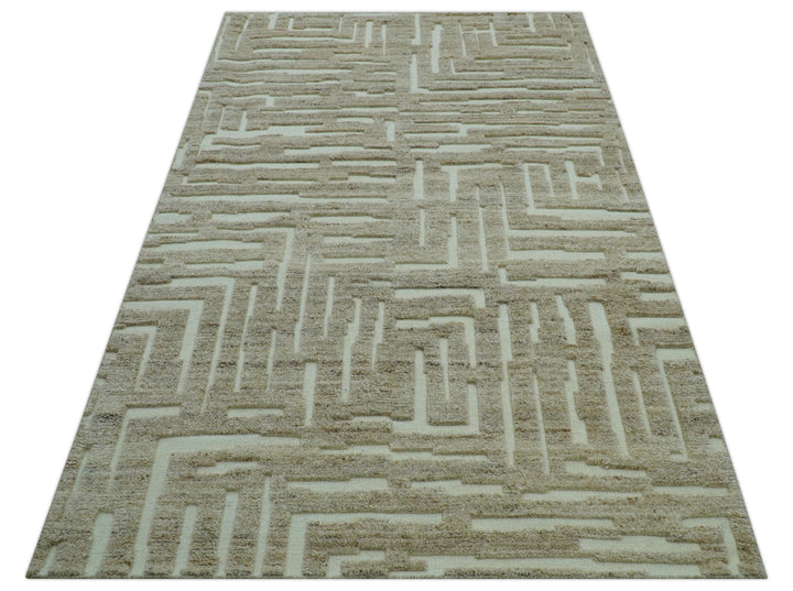 Custom Made Modern Contemporary Beige Hand Knotted Wool Area Rug