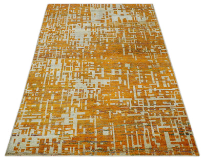 6x9 Gold, Ivory and rust Modern Abstract Recycled Silk Area Rug