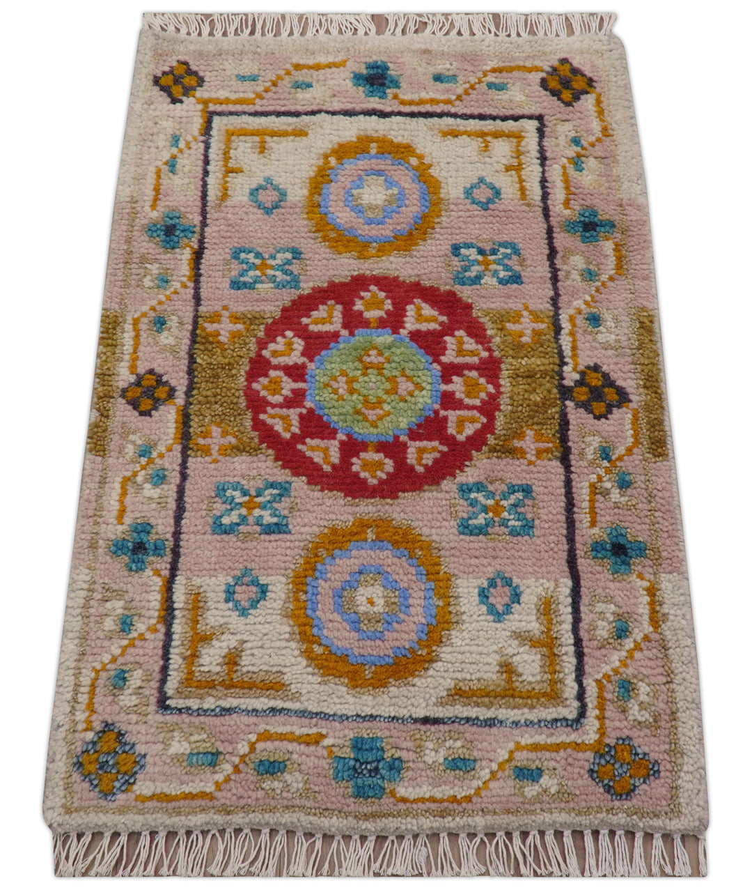 Hand knotted 2x3 Peach And Red Traditional Khotan Design Wool Rug
