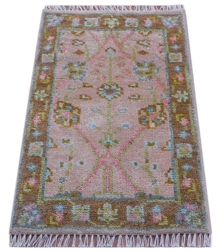 Traditional Peach And Brown Hand Knotted 2x3 Wool Rug