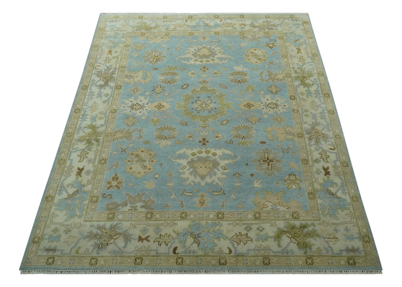 Light Blue, Beige and Ivory Hand knotted 8x10 Traditional Oriental Oushak wool rug