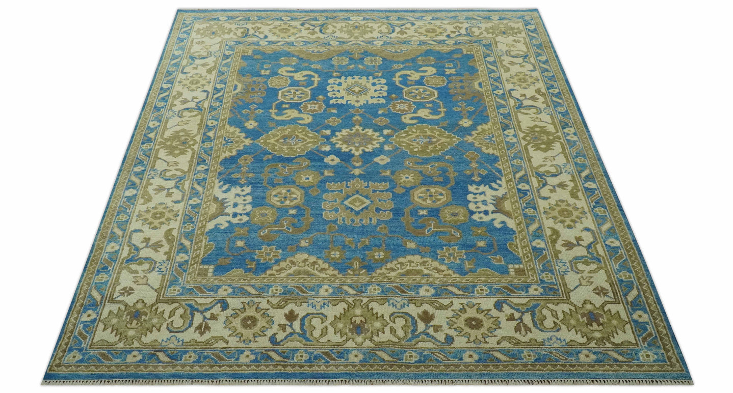 Antique design 8x10 Blue and Olive Traditional Oriental Oushak wool area rug