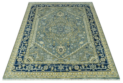 Antique look Gray, Olive and Blue 8x10 Traditional Heriz Hand Knotted wool Rug