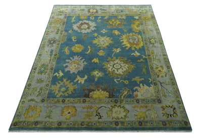 Blue, Silver and Olive 8x10 Hand knotted Traditional Oushak wool area rug