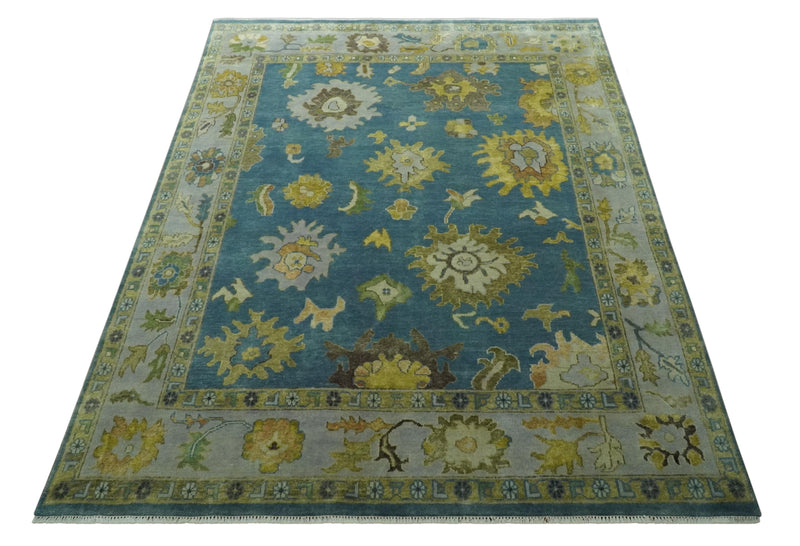 Blue, Silver and Olive 8x10 Hand knotted Traditional Oushak wool area rug