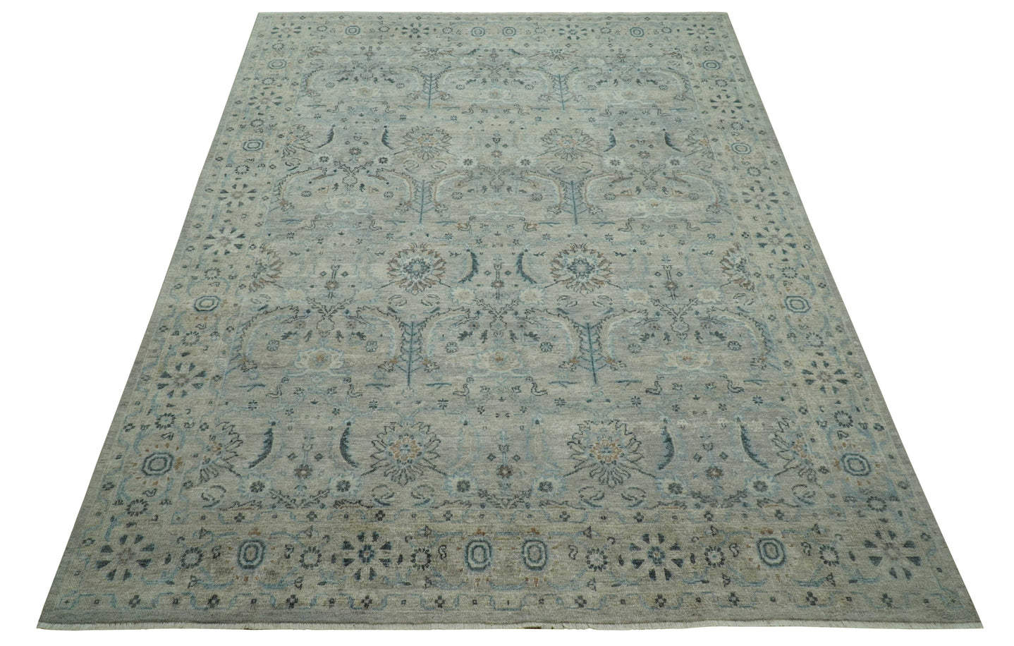 Custom Made Silver And Blue Traditional Oriental Design Hand knotted Wool Area Rug