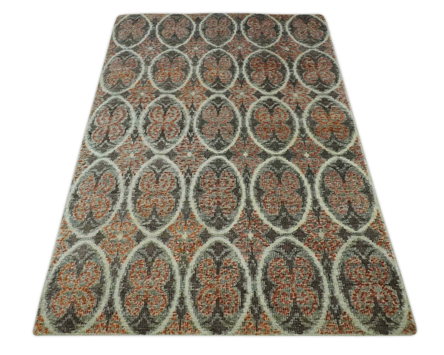 Geometrical Floral Design 5x8.6 Charcoal, Ivory and Rust Hand Knotted wool rug