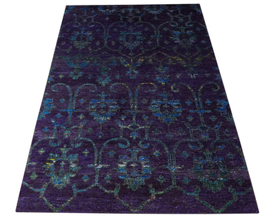 Violet and Blue Traditional Ikat design 5x8 Hand knotted wool area rug