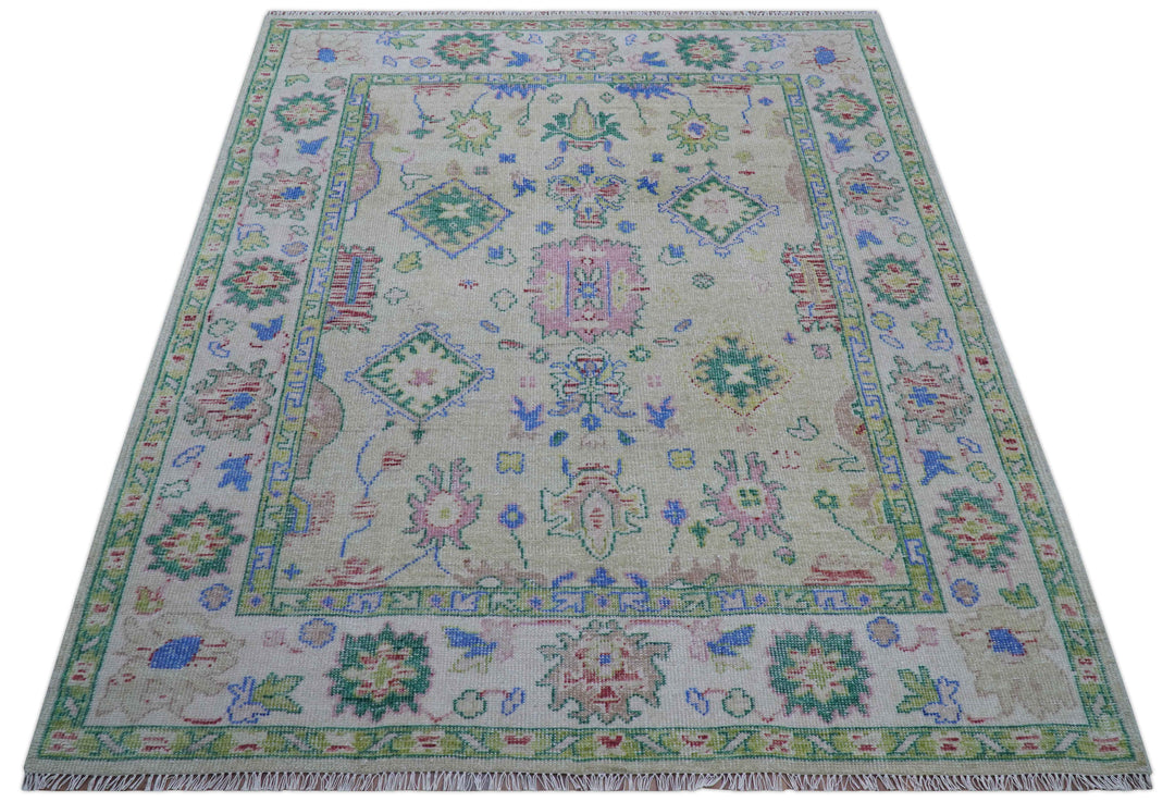 Quick Ship 8x10 Modern Oushak Design Beige And Blue Hand Knotted Rug