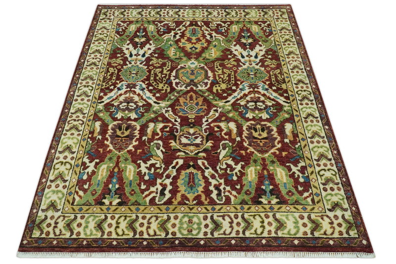 Traditional Large Design Maroon and Green Hand Knotted Custom Made wool area rug