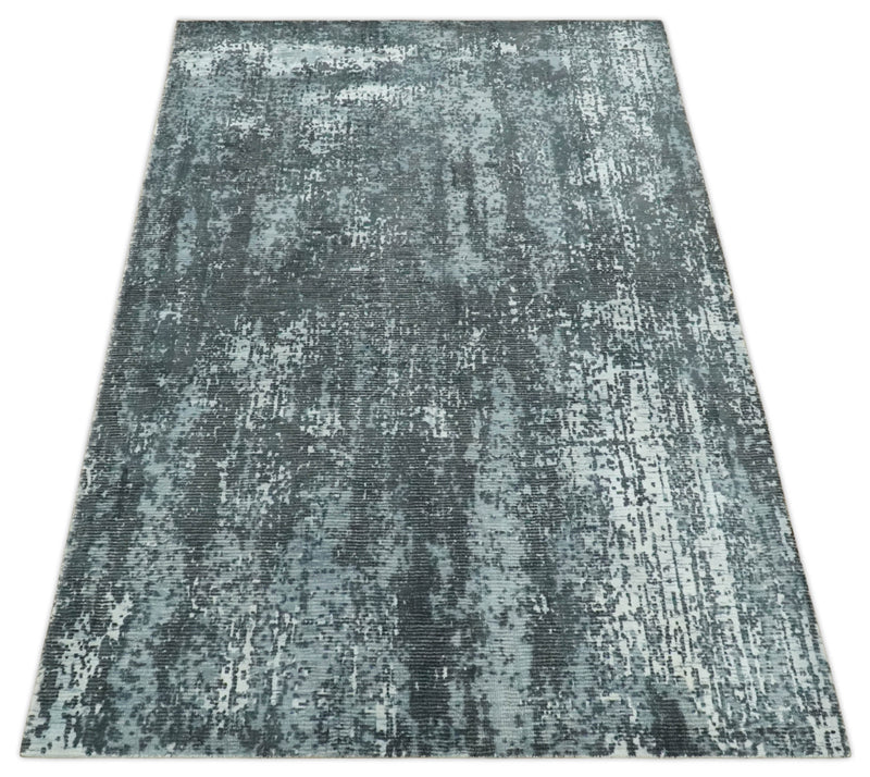 Charcoal, Light blue and Ivory Modern Abstract 5x8 Hand loom Wool and Viscose Area Rug