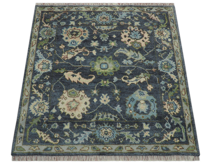 Quick Ship Small 5x5 Traditional Oushak Blue And Beige Hand Knotted Wool Rug
