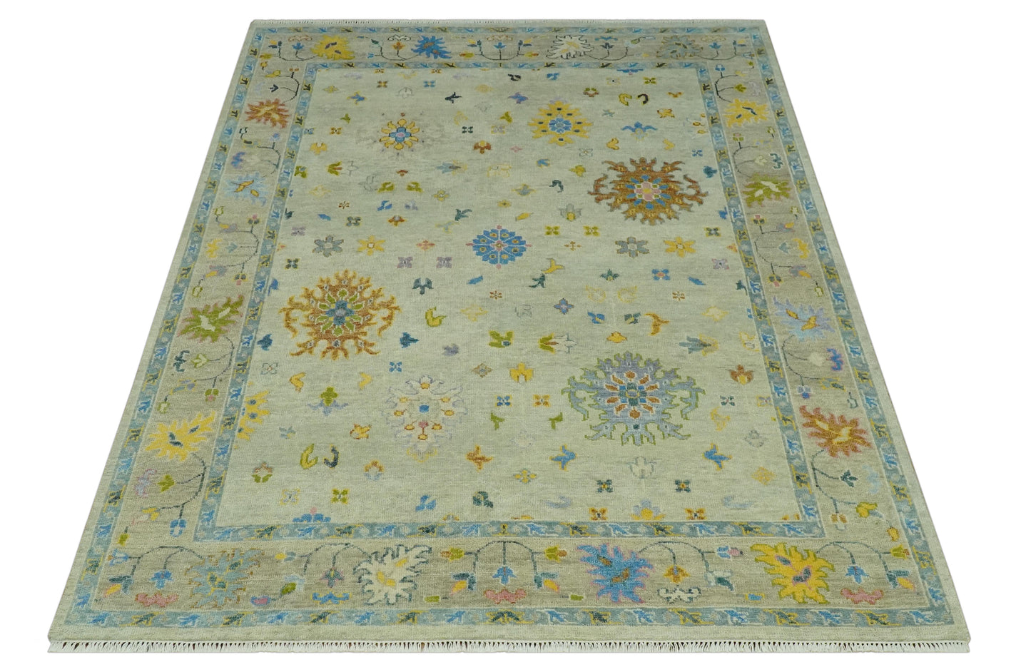 Beige and Blue Hand Knotted 8x10 Traditional Floral wool area rug