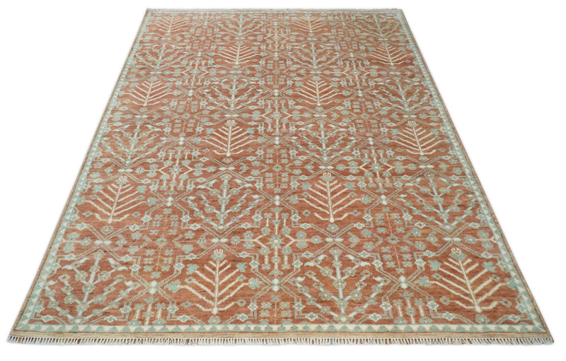 Hand knotted 9.4x12 Rust and Aqua Floral Tree wool Area Rug