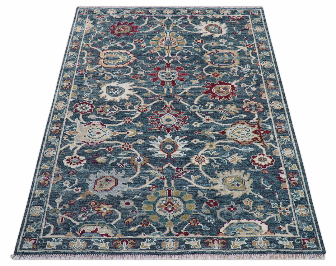 Custom Made Blue Traditional Turkish Design Hand Knotted Wool Rug