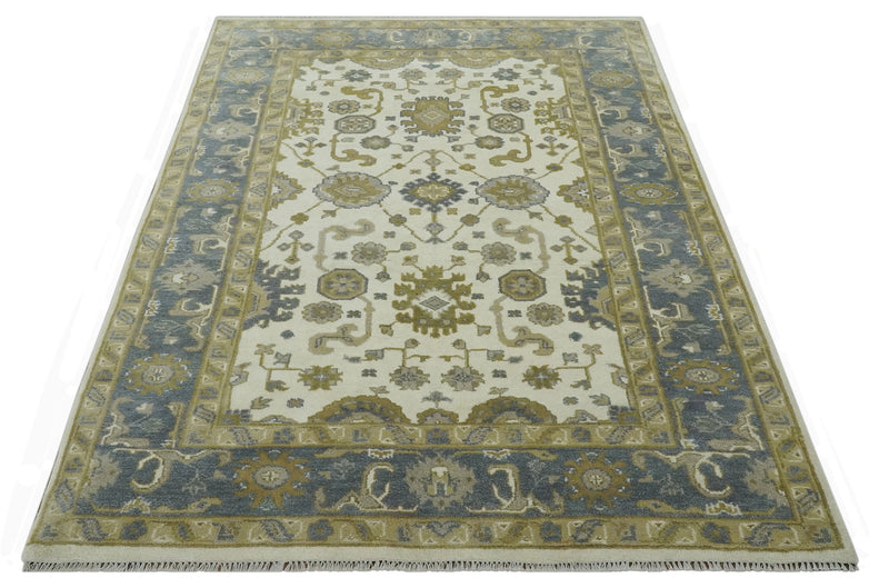 6x9 Traditional Hand Knotted Ivory, Charcoal and Olive Oriental Oushak wool rug