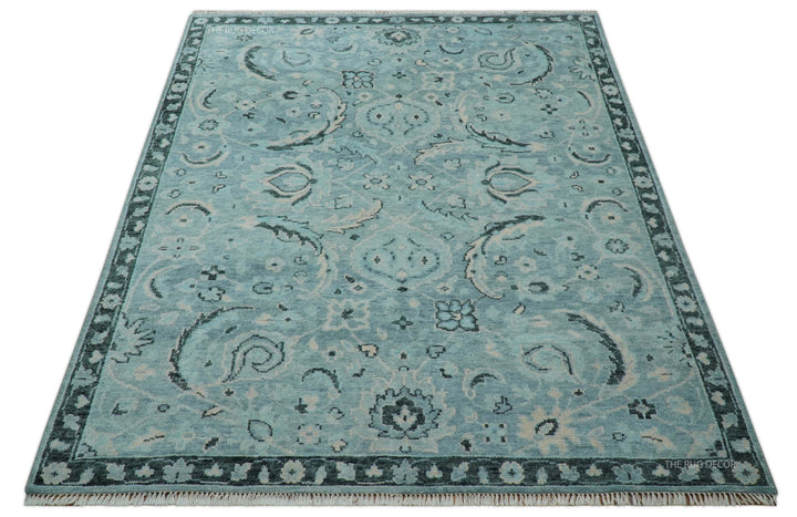 Custom Made Oushak Blue And Beige Hand Knotted Wool Rug