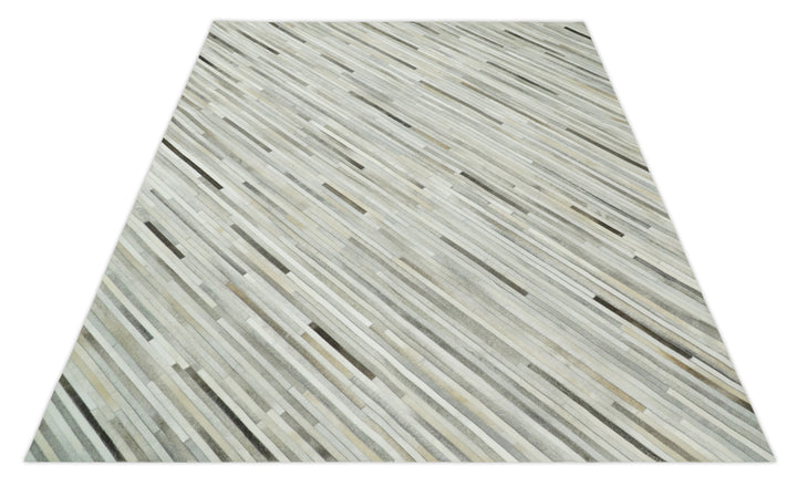 Ready to Ship 5x8 Handmade Modern Beige and Silver Leather Rug