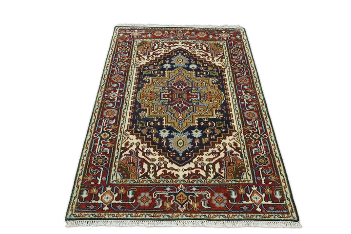 Sera Red And Blue Traditional Serapi Design Hand Knotted Wool Rug