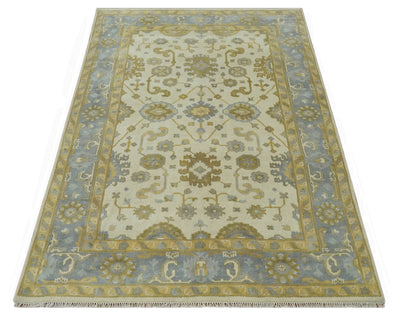 6x9 Hand Knotted Ivory, Gray and Mustard Traditional Oriental Oushak wool rug