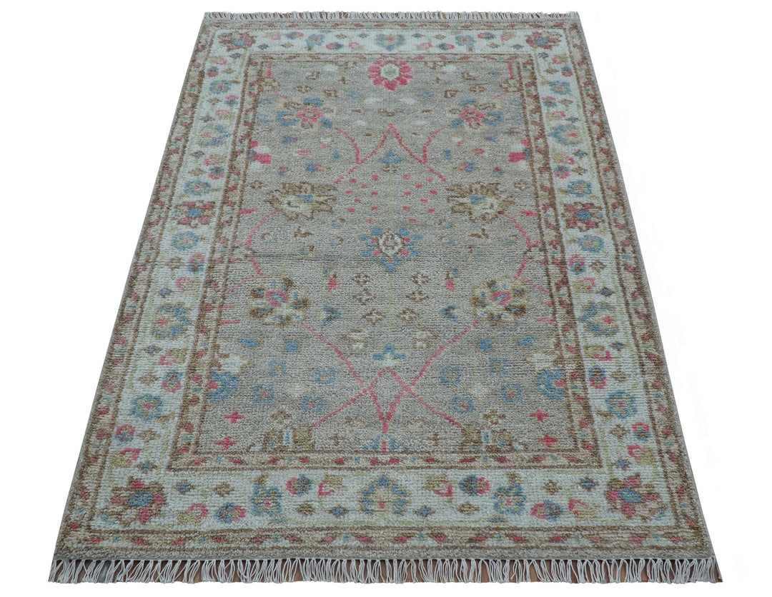 Traditional Oushak Design Beige And Blue 4x6 Hand knotted Wool Area Rug