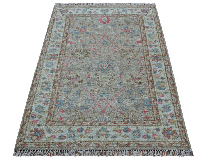 Traditional Oushak Design Beige And Blue 4x6 Hand knotted Wool Area Rug