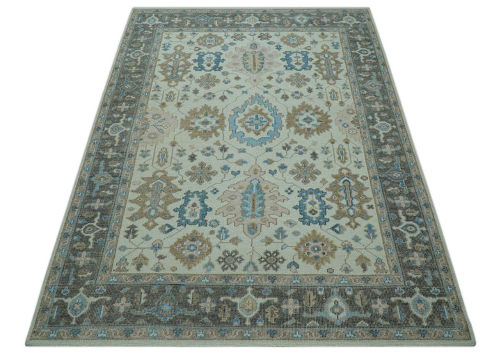 Custom Made Hand Knotted Beige and Blue Traditional Turkish Wool Area Rug