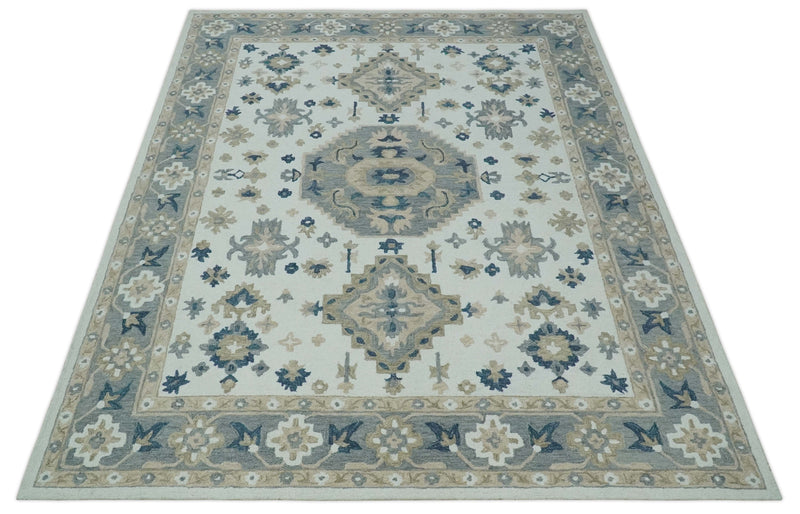 Ivory, Gray, Beige and Blue Traditional Medallion Multi Size Hand Tufted wool Area Rug