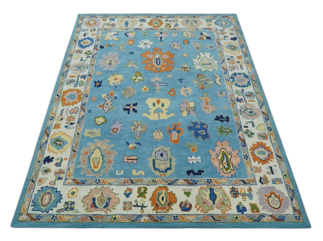 Quick Ship 5x8 Modern Oushak Blue And Ivory Hand Tufted Wool Rug